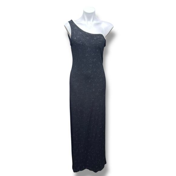 Maxi Dress Vintage Size 8 One Shoulder 90s Y2k Black Slinky Stretch Whimsygoth - Picture 1 of 13
